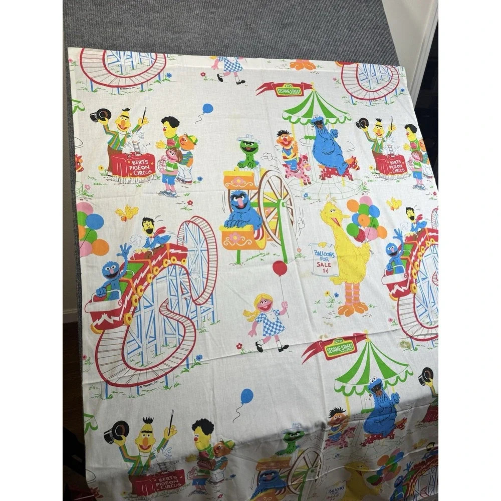 Sesame Street‎ Vintage Cotton Flat Sheet Multicolor Cartoon Carnival Theme twin